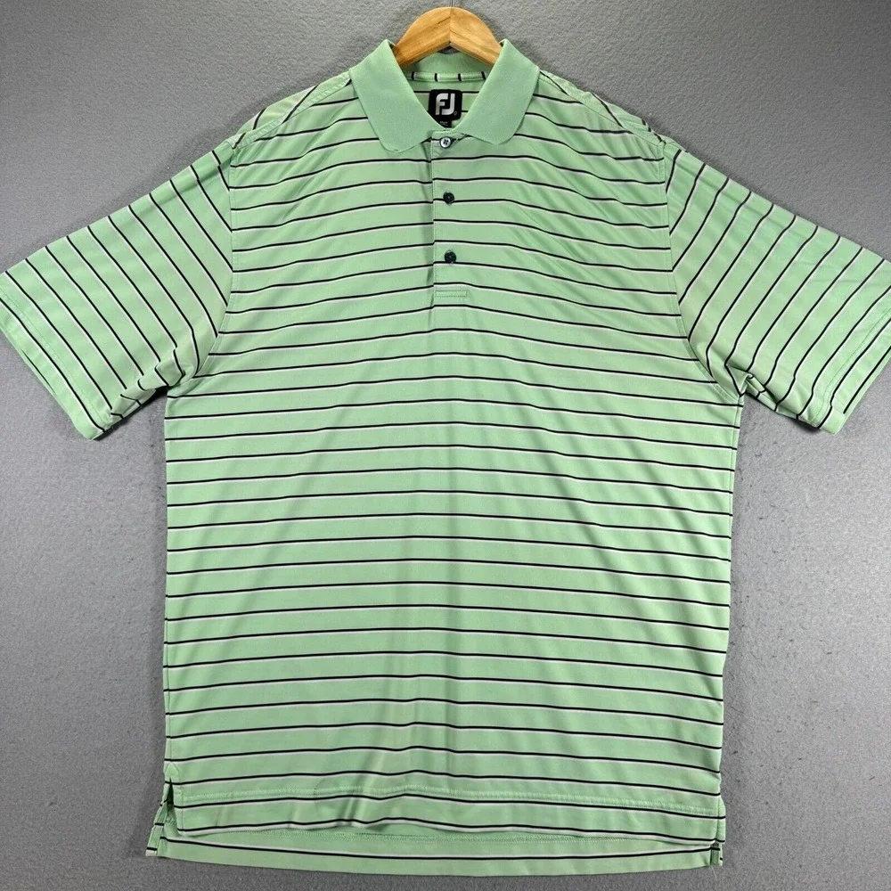 Footjoy Polo Shirt Mens Large Green Stripe Golf Sport Lightweight Stretch Active